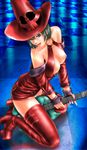  bare_shoulders belt blue_eyes boots breasts cleavage collarbone electric_guitar fingerless_gloves gloves green_hair guilty_gear guilty_gear_xx guitar hat high_heels highres i-no instrument jacket kneeling large_breasts lipstick makeup miniskirt mole mole_above_mouth nail_polish nipples non-web_source o-ring o-ring_top panties red_hat shoes short_hair skirt solo thigh_boots thighhighs thighs toten_(der_fuhrer) underwear white_panties witch_hat 
