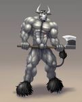  anthro axe balls beard big_muscles body_hair bovine braford bull cattle facial_hair happy_trail hooves horn horns male mammal muscles nude penis pose presenting solo uncut vein veins weapon 