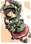  :3 animal_ears bad_id bad_pixiv_id black_hair bob_cut camouflage cat_ears cat_paws ears face fang highres hood hoodie one_eye_closed open_mouth original paws red_eyes shiba_itsuki short_hair skirt slit_pupils smile solo tail thighhighs 