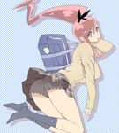  :p annoyed blue_eyes breasts large_breasts long_hair looking_back moccy48 original ponytail red_hair school_uniform shadow shorts skirt socks solo sweater tongue tongue_out 