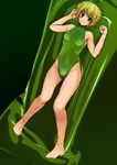  armpits asaga_aoi barefoot blonde_hair green_eyes green_leotard leotard original short_hair sketch solo 