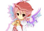  brown_eyes food fujieda_uzuki hamburger hat mystia_lorelei pink_hair solo touhou wings 