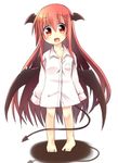  :d bad_id bad_pixiv_id barefoot bat_wings blush bottomless brown_eyes brown_hair demon_tail dress_shirt feet full_body head_wings koakuma long_hair naked_shirt no_pants open_mouth oruto_(ort+) oversized_clothes pigeon-toed red_eyes red_hair shirt simple_background sleeves_past_wrists smile solo standing tail touhou very_long_hair wings younger 
