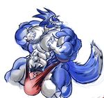  bulge canine eyes_closed grin horns male monster monster_rancher muscles penis presenting skimpy solo speedo spread_legs spreading standing swimsuit tail tiger_(monster_rancher) underwear wolf 