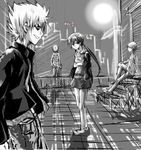  3boys accelerator bad_id bad_pixiv_id building delf etzali evil_smile from_side full_moon greyscale grin long_hair monochrome moon moonlight multiple_boys musujime_awaki outdoors ponytail precure sketch smile spiked_hair standing teeth to_aru_majutsu_no_index tsuchimikado_motoharu unabara_mitsuki 