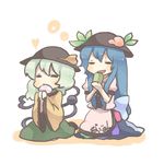  bad_id bad_pixiv_id blue_hair blush dress eyeball food fruit green_hair hat heart heart_of_string hinanawi_tenshi komeiji_koishi konbu_ame long_hair multiple_girls peach short_hair skirt sun_hat tea third_eye touhou 