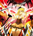  beret blonde_hair brown_legwear corset detached_sleeves drill_hair eiji_(eiji) from_below gun hair_ornament hairpin hat magical_girl magical_musket mahou_shoujo_madoka_magica pleated_skirt puffy_sleeves ribbon rifle shirt skirt solo striped striped_legwear taut_clothes taut_shirt thighhighs tomoe_mami twin_drills twintails vertical-striped_legwear vertical_stripes weapon witch's_labyrinth zettai_ryouiki 