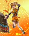  :d belt brown_hair fan full_body green_eyes happy hat izumiizm midriff open_mouth orange_shorts ponytail sangoku_musou shawl shoes short_hair shorts smile solo xiao_qiao 