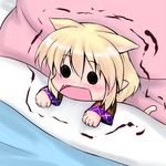  animal_ears bed blanket blonde_hair cat_ears cat_tail chibi extra_ears fang hoshizuki_(seigetsu) kemonomimi_mode mizuhashi_parsee open_mouth pillow puru-see scarf solo tail touhou trembling 