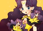  barefoot bishoujo_senshi_sailor_moon blue_eyes bow breasts chibi chibi_inset choker cleavage crescent double_bun dress earrings facial_mark fang forehead_mark hako_(rippootai) jewelry long_hair luna_(sailor_moon) luna_(sailor_moon)_(human) medium_breasts necklace open_mouth purple_hair sparkle very_long_hair yellow_background yellow_bow yellow_choker yellow_dress 