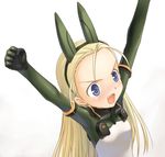  \o/ animal_ears arms_up artist_request blonde_hair blue_eyes bodysuit elise_von_dietrich fake_animal_ears fang forehead headband headgear long_hair motion_slit open_mouth outstretched_arms pilot_suit simple_background sky_girls solo white_background 