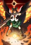  absurdres alternate_weapon arm_cannon asymmetrical_clothes black_hair bow cape fire glowing glowing_eyes green_bow hair_bow highres long_hair memento_vivi mismatched_footwear red_eyes reiuji_utsuho solo touhou weapon wings 