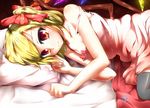  black_legwear blonde_hair bow chemise collarbone flandre_scarlet hair_bow highres looking_at_viewer lying mugen_soukyuu no_hat no_headwear on_side pillow red_eyes side_ponytail smile solo strap_slip thighhighs touhou wings 