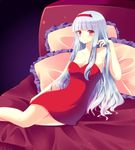  adjusting_hair arm arms bare_shoulders beauty bed blush breasts cleavage cute dress female gradient gradient_background hairband idolmaster legs long_hair pillow reclining red_dress red_eyes shijou_takane silver_hair solo strapless strapless_dress 