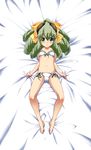  absurdres barefoot bow bra cravat dakimakura drill_hair feet flat_chest full_body goggles goggles_on_head green_eyes green_hair hair_bow highres lingerie long_hair maria_balthasar miyagoe_yoshitsuki navel panties side-tie_panties solo underwear underwear_only xenogears yellow_bow 