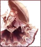  bad_id bad_pixiv_id bird blonde_hair brown_dress dress flower hairband hat highres hosi lolita_fashion long_hair original parasol rose smile solo umbrella white_flower white_rose 