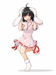  ahoge animal_ears black_hair blush bunny_ears carrot carrot_necklace dress ear_pull hiro_(pqtks113) inaba_tewi jewelry leg_up necklace pendant red_eyes shoes short_hair smile solo touhou 
