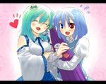  2girls arm_holding bad_id bad_pixiv_id blue_eyes blue_hair blush breasts chagen_kokimu closed_eyes detached_sleeves flying_sweatdrops frog_hair_ornament green_hair hair_ornament heart heterochromia hug juliet_sleeves karakasa_obake kochiya_sanae long_sleeves medium_breasts multiple_girls object_hug open_mouth puffy_sleeves purple_umbrella red_eyes short_hair smile snake_hair_ornament sweatdrop tatara_kogasa tongue touhou umbrella yukkuri_shiteitte_ne 