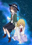  alternate_costume blonde_hair brown_eyes brown_hair chair gochou_(atemonai_heya) hat hood hoodie maribel_hearn multiple_girls no_hat no_headwear purple_eyes short_hair sitting sky star_(sky) starry_sky touhou usami_renko 