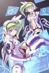  closed_eyes elbow_gloves gloves green_hair headphones highres md5_mismatch monitor multiple_girls navel open_mouth original purple_eyes siblings side_ponytail sisters sitting thighhighs twins zenn 