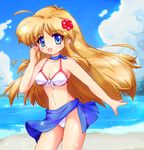  ahoge arc_the_lad arc_the_lad_ii bad_id bad_pixiv_id bare_arms beach bikini blonde_hair blue_eyes blue_sarong blush breasts cleavage cloud day flower front-tie_top hair_flower hair_ornament lieza long_hair medium_breasts ocean outdoors sarong sidelocks sky smile solo swimsuit wind wind_lift zipang_(zip@ng_works) 