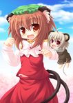  animal_ears blush brown_eyes brown_hair cat_ears cat_tail chen chibi dress earrings grey_hair hat jewelry mouse_ears mouse_tail multiple_girls multiple_tails nazrin red_eyes short_hair smile tail touhou twintails yokuran 