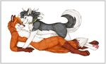  anthro canine collar duo fox gay josepaw lying lyserc male mammal nude on_back plain_background sex sheath white_background wolf 