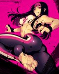  1girl alternate_costume alternate_hairstyle ass breasts evil_smile feet fighting_stance fishine han_juri leg_up long_hair looking_at_viewer medium_breasts multicolored_hair nail_polish navel no_shoes pink_background pink_nails purple_eyes sideboob smile soles solo stomach street_fighter street_fighter_v toeless_legwear toenail_polish toes toned two-tone_hair 