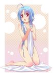  ahoge animal_ears bad_id bad_pixiv_id barefoot bed_sheet blue_hair hira_taira kneeling long_hair naked_sheet nude open_mouth original pointy_ears red_eyes solo very_long_hair 