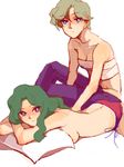  2girls androgynous bandage bandaged_chest bandages bishoujo_senshi_sailor_moon breast_bind female kaiou_michiru lying multiple_girls pillow reverse_trap sarashi ten'ou_haruka tenou_haruka tomboy yuri 