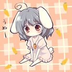  ahoge animal_ears brown_hair bunny_ears bunny_tail carrot chibi child dress inaba_tewi jewelry orange_eyes pendant red_eyes sitting solo tail touhou 