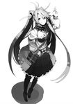  ahoge book breasts cleavage copyright_request dress greyscale long_hair long_sleeves medium_breasts monochrome shirabi solo twintails very_long_hair 