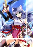  animal_ears blue_hair blue_sky calligraphy_brush day elbow_gloves fingerless_gloves gloves green_eyes hand_on_hip japanese_clothes kanna_(plum) leash long_hair nail_polish original paintbrush sky sleeveless solo thighhighs 