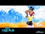  black_eyes black_hair brown_hair couple eye_contact feather feathers hair_over_one_eye hand_on_shoulder hug kanzaki_hitomi open_mouth pants red_eyes school_uniform short_hair skirt smile tenkuu_no_escaflowne van_fanel wings 