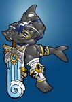  armor cetacean green_eyes grin looking_at_viewer male marine muscles orca solo standing sword tail tkc2021 weapon 