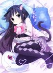  akemi_homura animal_ears bad_id bad_pixiv_id bangs bed black_hair black_legwear blue_eyes blush bow cat_ears cat_tail character_doll checkered checkered_legwear chibi doll doll_hug fetal_position from_above hair_bow hairband heart homu hug kaname_madoka kyubey long_hair lying mahou_shoujo_madoka_magica on_side pantyhose pillow pink_hair pleated_skirt sakuro school_uniform serafuku short_twintails skirt solo tail translated twintails very_long_hair 