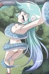  armpits blue_eyes blue_hair blush dororon_enma-kun dutch_angle hair_ornament haruyama_kazunori legs long_hair nude skull_hair_ornament solo tentacles thighs tree water yukiko_hime 