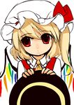  ascot bad_id bad_pixiv_id blonde_hair chagen_kokimu flandre_scarlet hat looking_away red_eyes short_hair side_ponytail solo touhou wings 