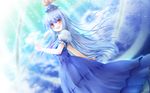  akashio_(loli_ace) blue_hair dress dutch_angle hat kamishirasawa_keine long_hair open_mouth smile solo touhou wallpaper water wind 