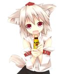  animal_ears bottle brand_name_imitation detached_sleeves fang hat inubashiri_momiji kunsei_hamu no_nose open_mouth red_eyes silver_hair simple_background smile solo tail tokin_hat touhou translated wolf_ears wolf_tail 