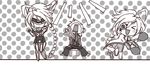  &gt;_&lt; 2girls ahoge blazblue braid chibi closed_eyes dancing eyepatch greyscale instrument kore_wa_zombie_desu_ka? lambda-11 long_hair maracas monochrome multiple_girls nu-13 parody ragna_the_bloodedge short_hair visor 