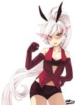  animal_ears artist_request bad_id bad_pixiv_id bunny_ears buttons detached_sleeves glasses gloves hand_on_hip kamina_shades lips lipstick long_hair makeup navel open_mouth original ponytail shorts smile solo sunglasses very_long_hair white_hair 