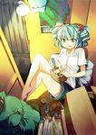  :p aqua_eyes aqua_hair backpack bad_id bad_pixiv_id bag barefoot blue_eyes blue_hair box cardboard_box casual cucumber door folder gears hair_bobbles hair_ornament hat hat_removed headwear_removed indoors kawashiro_nitori legs light_bulb pillow poster_(object) room screwdriver shirt short_hair sitting solo t-shirt tongue tongue_out touhou two_side_up zanunoneko 