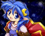  :d ahoge bad_id bad_pixiv_id blue_background blue_hair cape crescent crescent_hair_ornament hair_ornament hairpin happy lowres oekaki open_mouth pointy_ears red_cape rena_lanford short_hair smile solo space star_ocean star_ocean_the_second_story zipang_(zip@ng_works) 