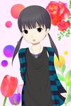  :o black_eyes black_hair blush chiba_saori floral_background flower four-leaf_clover_necklace highres hourou_musuko jewelry long_hair looking_at_viewer low_twintails mochi-pon necklace open_mouth outline red_flower red_rose rose solo striped tulip twintails 