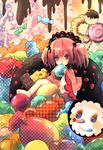  :q barefoot candy charlotte_(madoka_magica) doughnut food highres mahou_shoujo_madoka_magica multicolored multicolored_eyes personification pink_eyes pink_hair short_twintails solo sweets tongue tongue_out twintails woxuishuai 