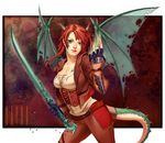  bangs beads belt blue_eyes braid breasts cleavage corset dragon_girl fantasy fingerless_gloves gloves horns jana_schirmer large_breasts looking_at_viewer monster_girl original pants parted_bangs red_hair solo sword tail tight tight_pants vest weapon wings 