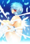  ass ayanami_rei bad_id bad_pixiv_id blue_hair breasts carnelian convenient_arm eyepatch feathers naked_ribbon neon_genesis_evangelion red_eyes ribbon short_hair sideboob sitting small_breasts solo white_ribbon 