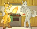  canine chuckling cooking cooking_fail duo fail fire fox green_eyes humor kitchen laugh male mammal nude rick_griffin smile standing wolf 