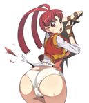  against_wall ass cameltoe fingerless_gloves from_behind gloves long_hair looking_back lowres nanashino open_mouth panties red_eyes red_hair simple_background sleeves_rolled_up solo sweat torn_clothes underwear utsugi_mikoto white_panties yuusha_ou_gaogaigar yuusha_series 